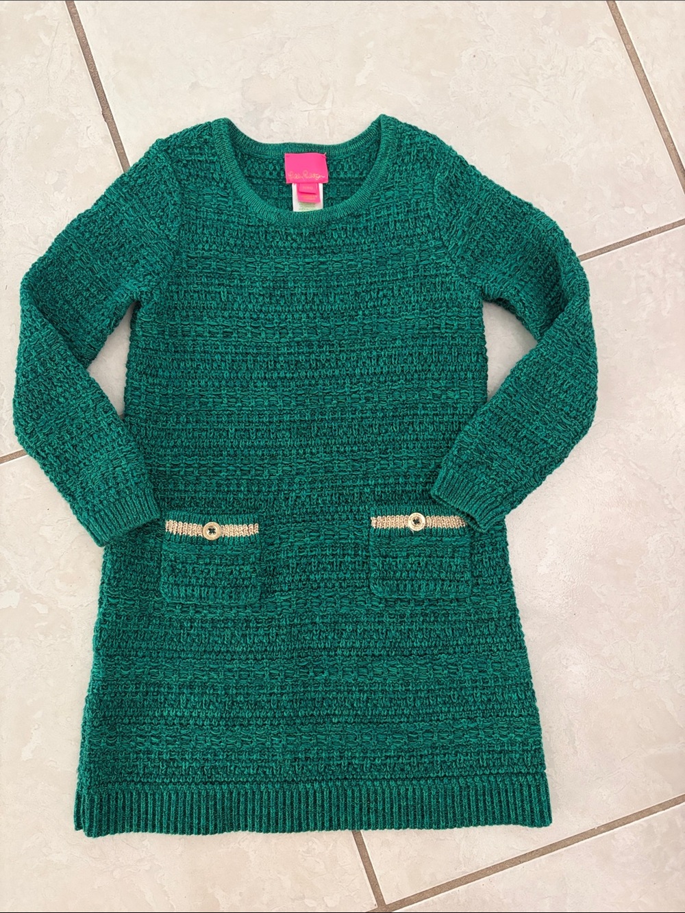 Lilly Pulitzer Girls Emerald Green Knit Pocket Dress with Gold Trim